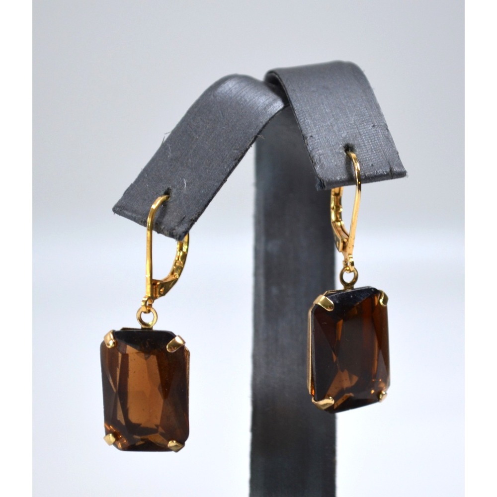 Gold Tone Dark Brown Amber Crystal Lever-back Earrings 1.5"